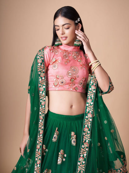 Odette Green Soft Net Embroidered Semi Stitched Lehenga With Blouse For Women