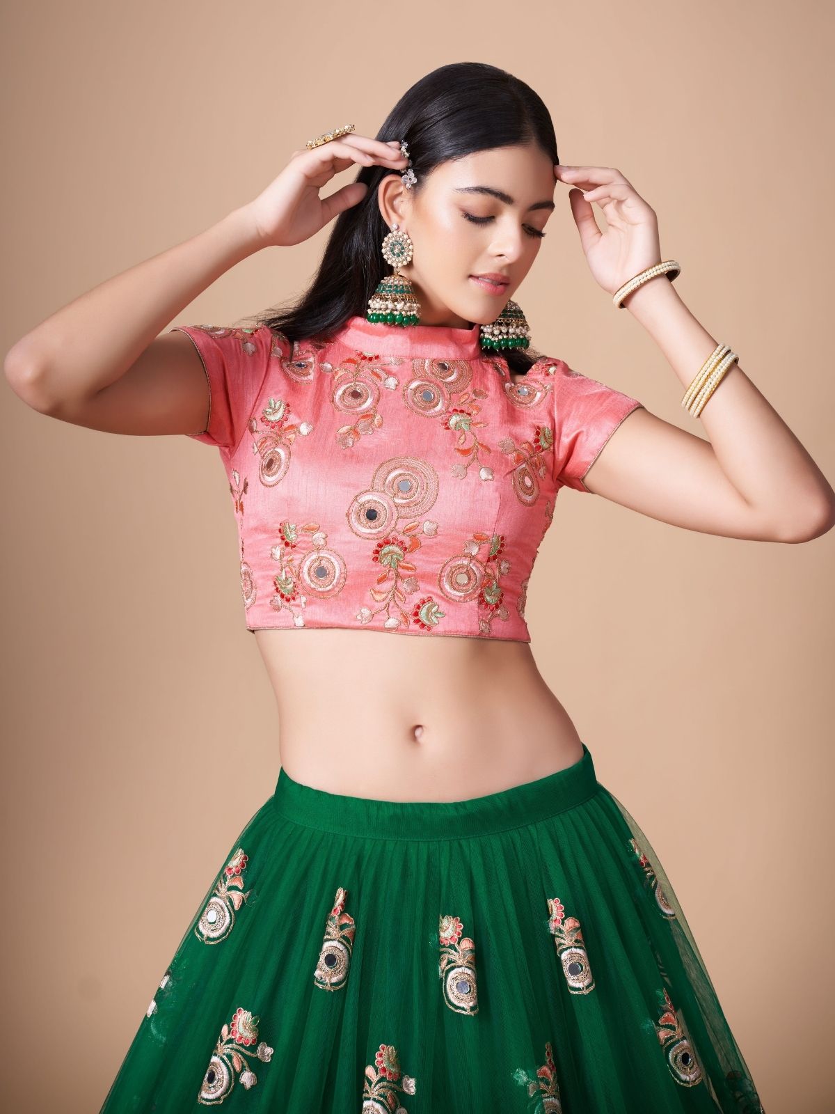 Odette Green Soft Net Embroidered Semi Stitched Lehenga With Blouse For Women