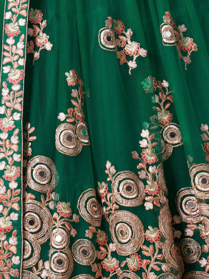 Odette Green Soft Net Embroidered Semi Stitched Lehenga With Blouse For Women