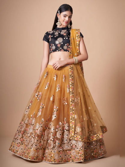 Odette Yellow Soft Net Embroidered Semi Stitched Lehenga With Blouse For Women