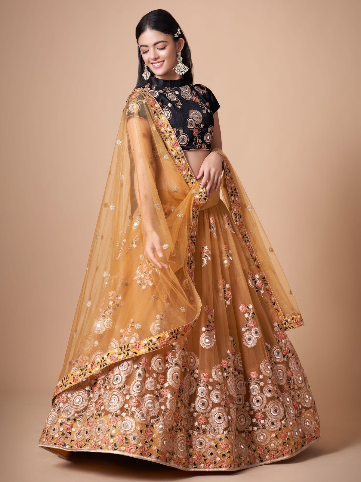 Odette Yellow Soft Net Embroidered Semi Stitched Lehenga With Blouse For Women