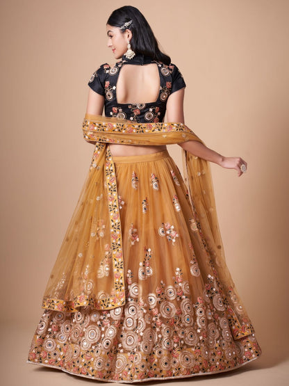 Odette Yellow Soft Net Embroidered Semi Stitched Lehenga With Blouse For Women