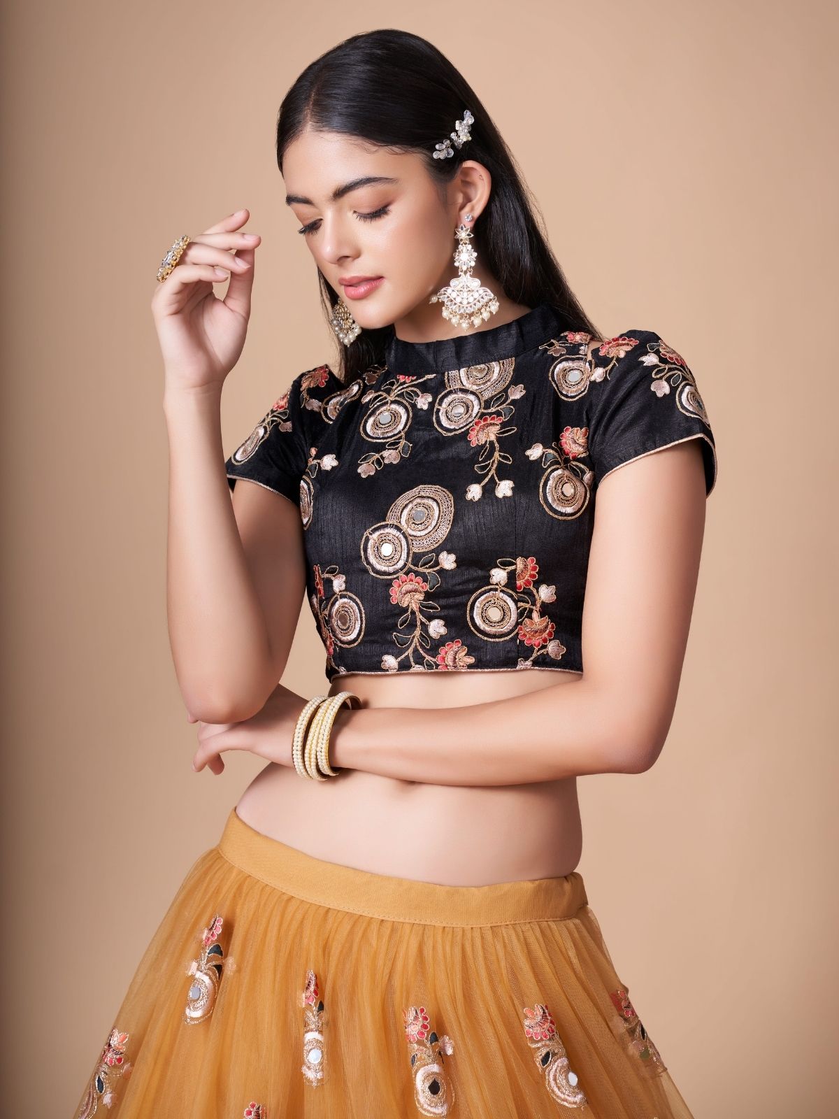 Odette Yellow Soft Net Embroidered Semi Stitched Lehenga With Blouse For Women