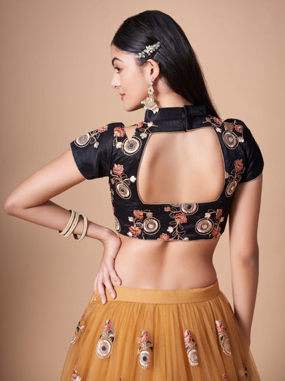Odette Yellow Soft Net Embroidered Semi Stitched Lehenga With Blouse For Women