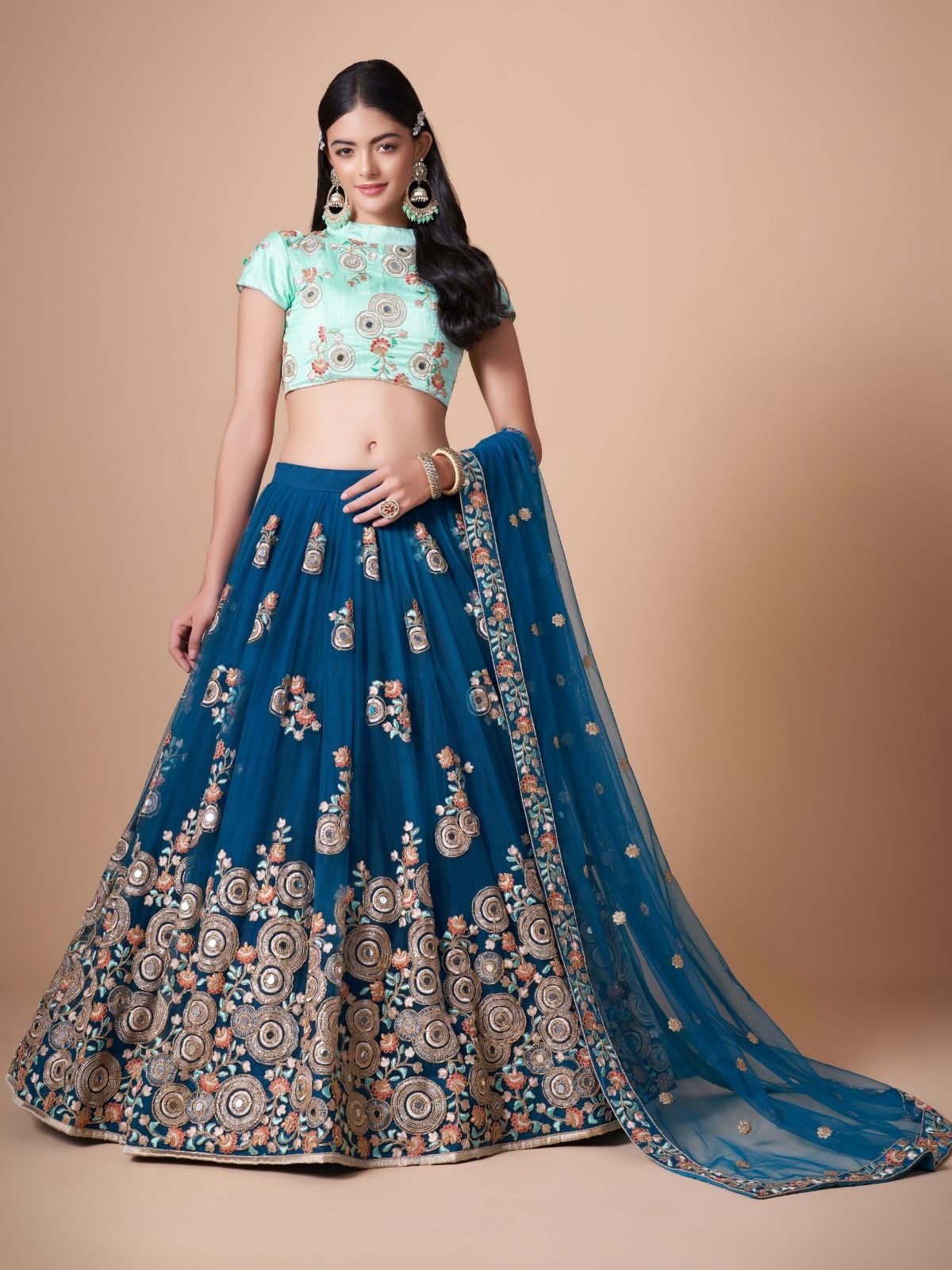 Odette Blue Soft Net Embroidered Semi Stitched Lehenga With Blouse For Women