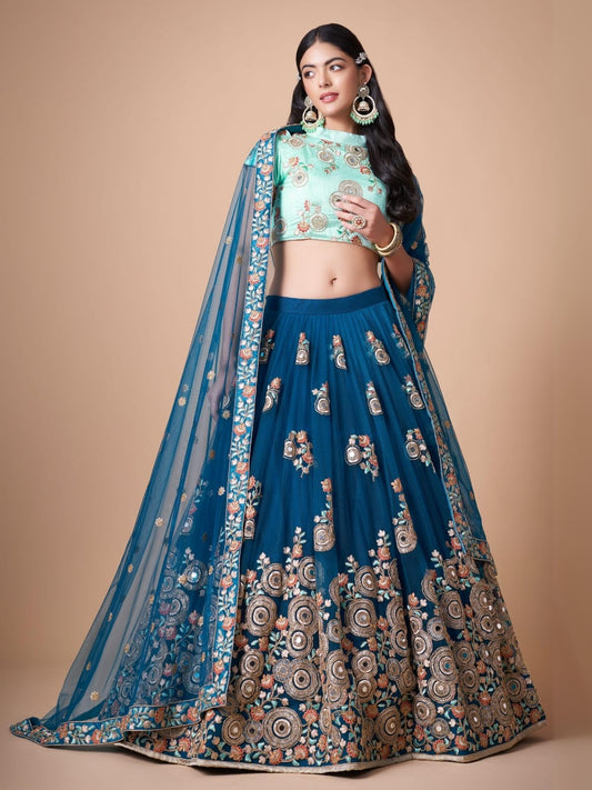 Odette Blue Soft Net Embroidered Semi Stitched Lehenga With Blouse For Women