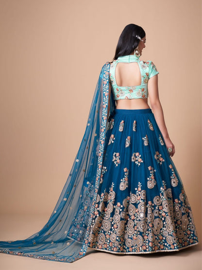 Odette Blue Soft Net Embroidered Semi Stitched Lehenga With Blouse For Women