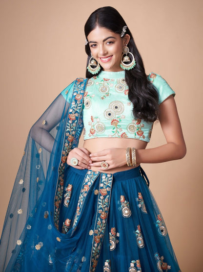 Odette Blue Soft Net Embroidered Semi Stitched Lehenga With Blouse For Women