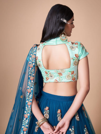 Odette Blue Soft Net Embroidered Semi Stitched Lehenga With Blouse For Women