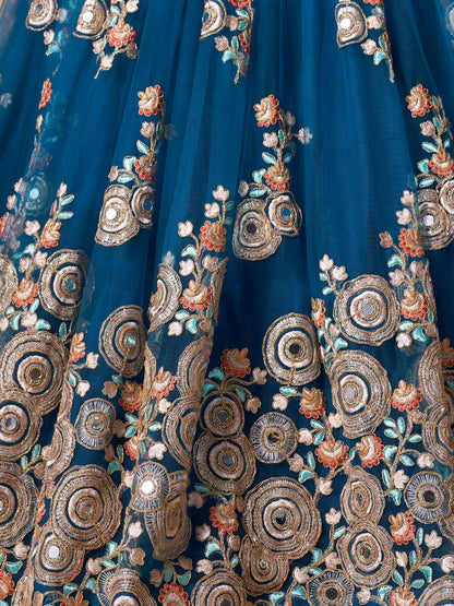 Odette Blue Soft Net Embroidered Semi Stitched Lehenga With Blouse For Women