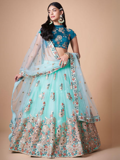 Odette Light Blue Soft Net Embroidered Semi Stitched Lehenga With Blouse For Women
