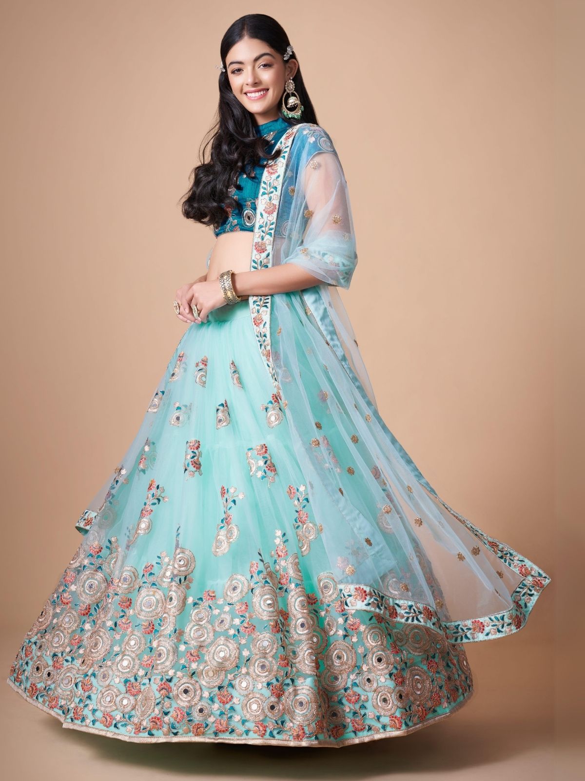 Odette Light Blue Soft Net Embroidered Semi Stitched Lehenga With Blouse For Women