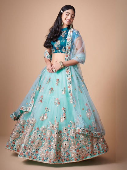Odette Light Blue Soft Net Embroidered Semi Stitched Lehenga With Blouse For Women