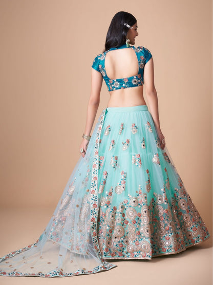 Odette Light Blue Soft Net Embroidered Semi Stitched Lehenga With Blouse For Women