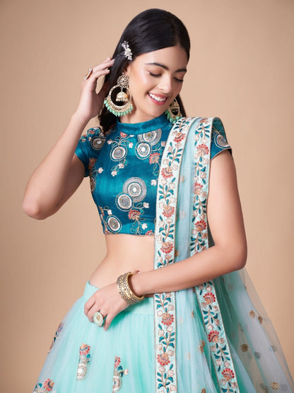 Odette Light Blue Soft Net Embroidered Semi Stitched Lehenga With Blouse For Women