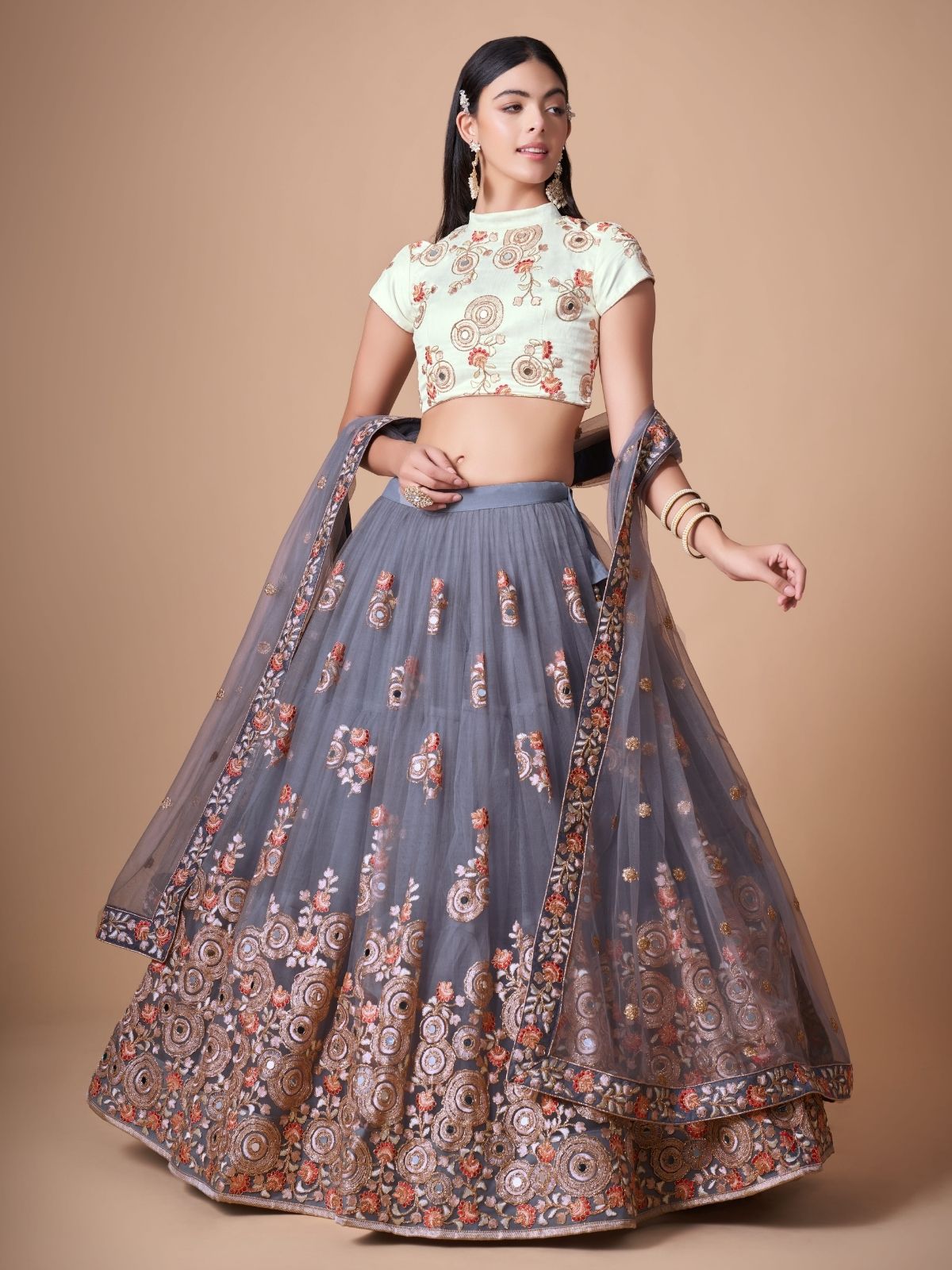 Odette Grey Soft Net Embroidered Semi Stitched Lehenga With Blouse For Women