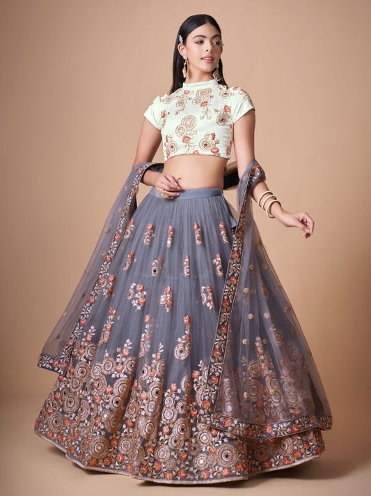 Odette Grey Soft Net Embroidered Semi Stitched Lehenga With Blouse For Women