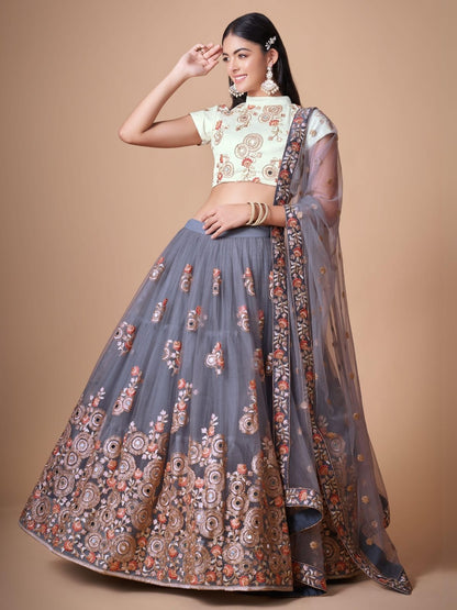 Odette Grey Soft Net Embroidered Semi Stitched Lehenga With Blouse For Women