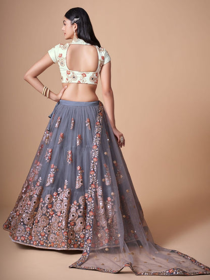 Odette Grey Soft Net Embroidered Semi Stitched Lehenga With Blouse For Women
