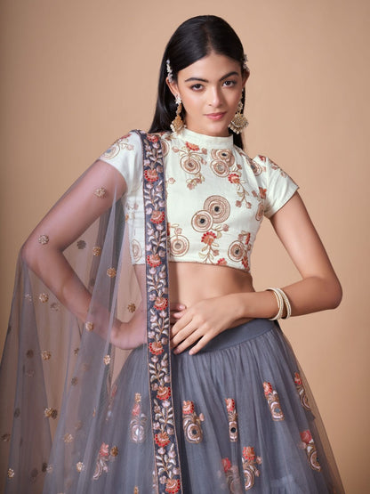 Odette Grey Soft Net Embroidered Semi Stitched Lehenga With Blouse For Women