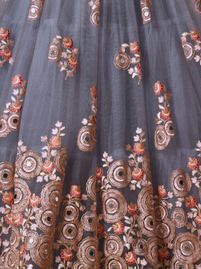 Odette Grey Soft Net Embroidered Semi Stitched Lehenga With Blouse For Women