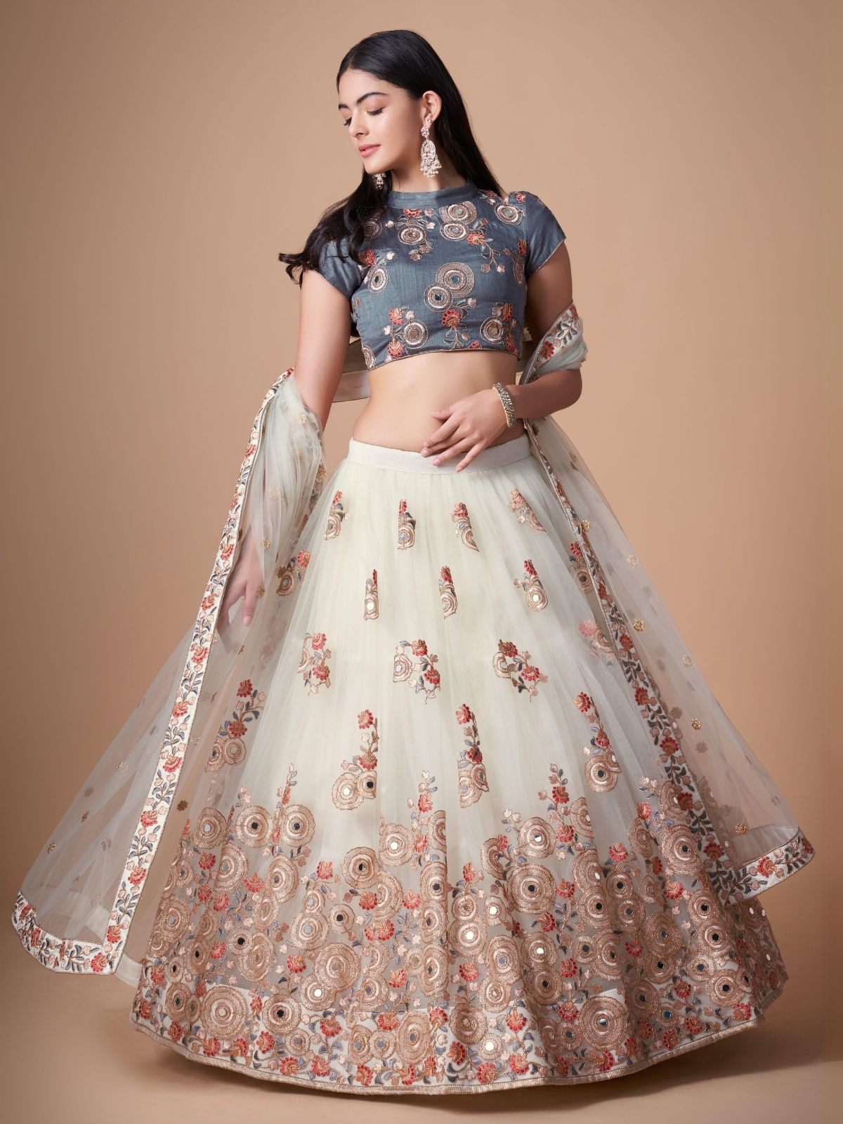 Odette Off White Soft Net Embroidered Semi Stitched Lehenga With Blouse For Women