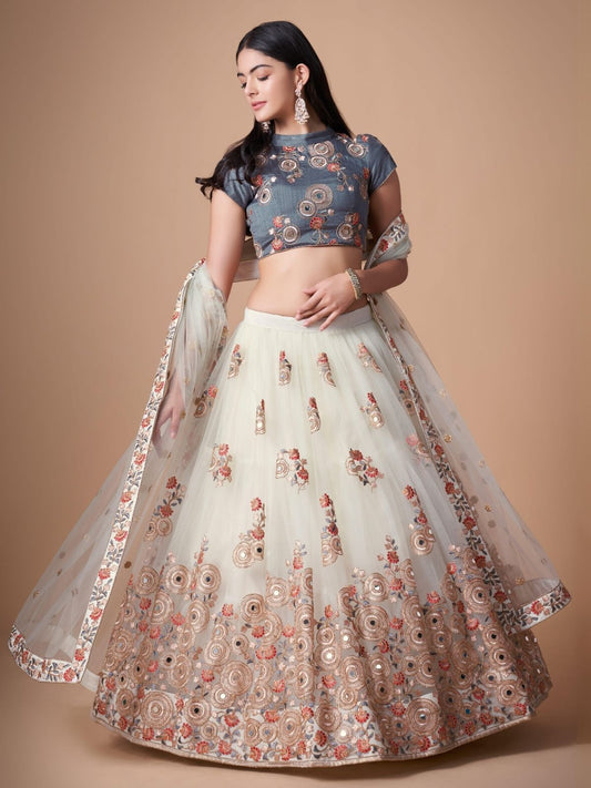 Odette Off White Soft Net Embroidered Semi Stitched Lehenga With Blouse For Women