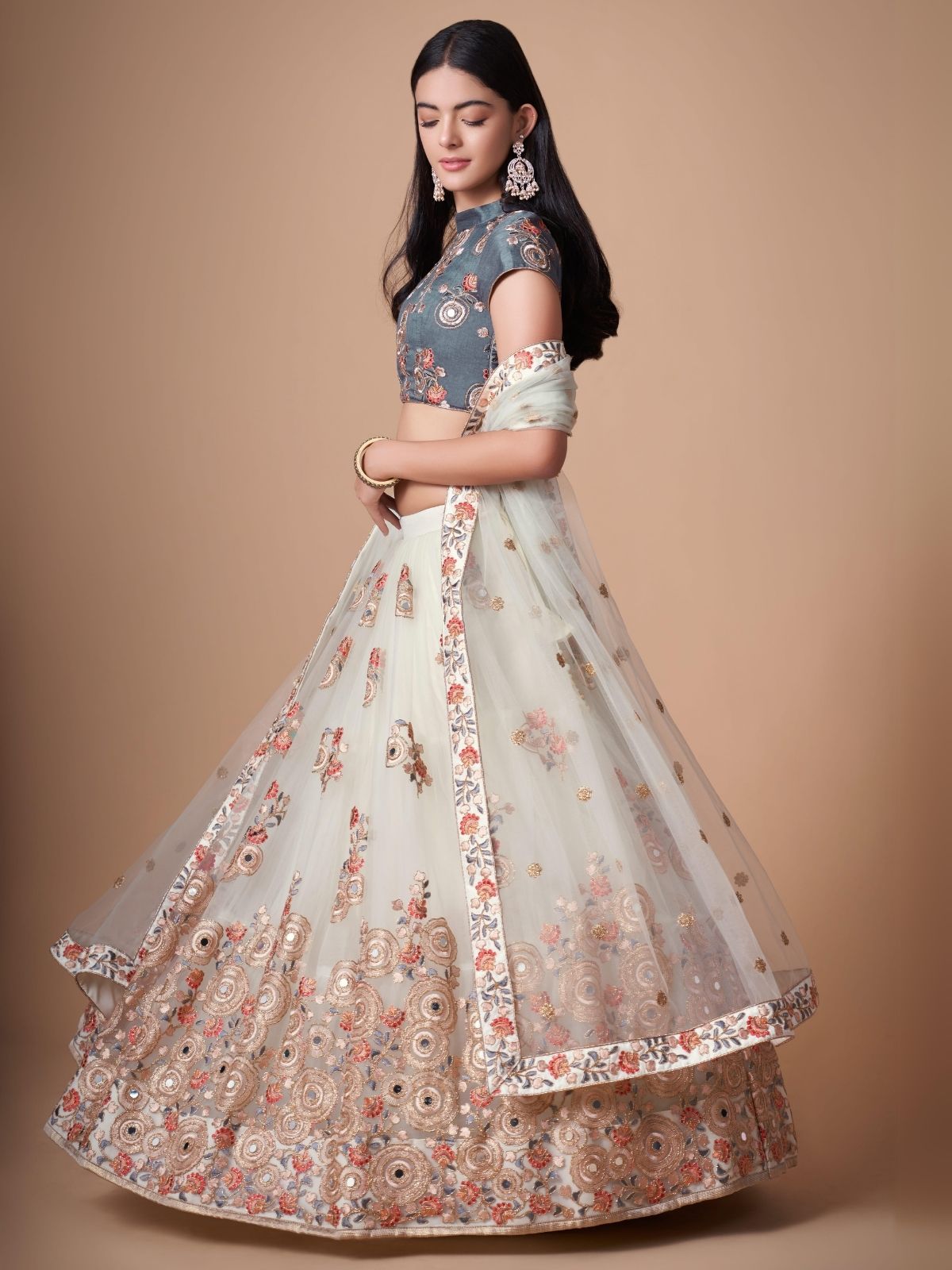 Odette Off White Soft Net Embroidered Semi Stitched Lehenga With Blouse For Women