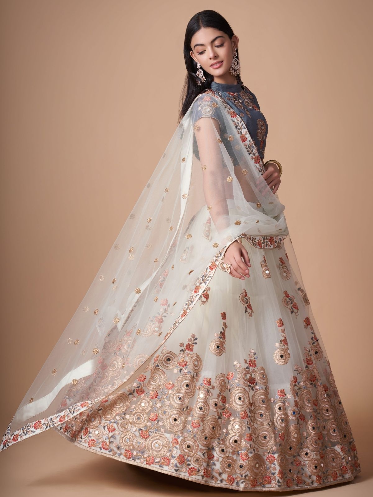 Odette Off White Soft Net Embroidered Semi Stitched Lehenga With Blouse For Women