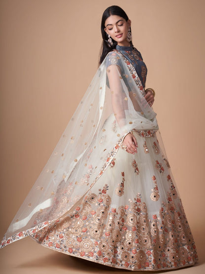 Odette Off White Soft Net Embroidered Semi Stitched Lehenga With Blouse For Women