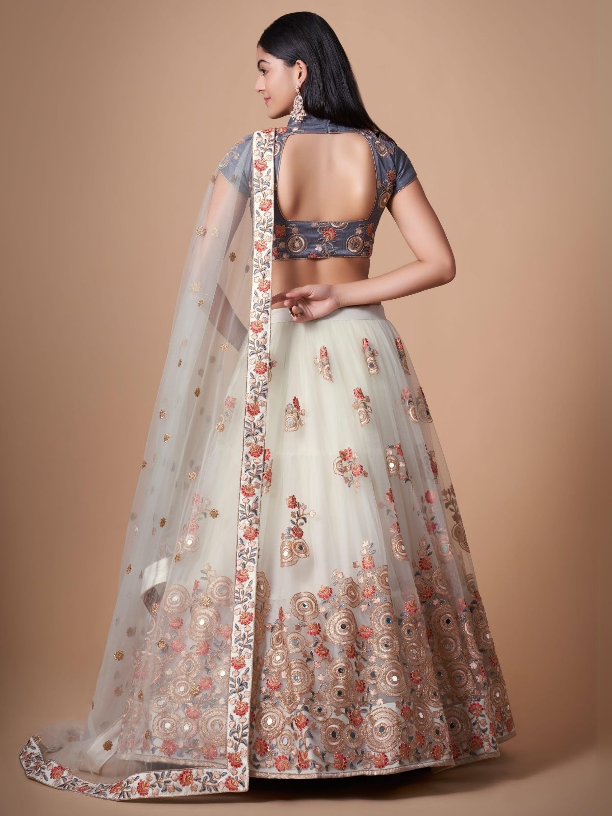 Odette Off White Soft Net Embroidered Semi Stitched Lehenga With Blouse For Women