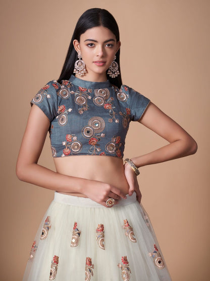 Odette Off White Soft Net Embroidered Semi Stitched Lehenga With Blouse For Women