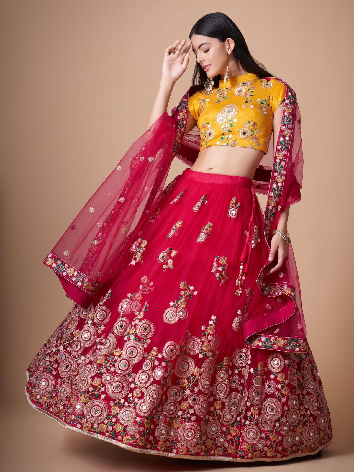 Odette Pink Soft Net Embroidered Semi Stitched Lehenga With Blouse For Women