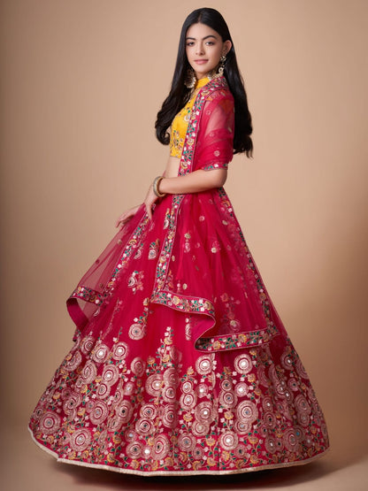 Odette Pink Soft Net Embroidered Semi Stitched Lehenga With Blouse For Women