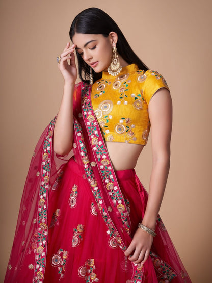 Odette Pink Soft Net Embroidered Semi Stitched Lehenga With Blouse For Women