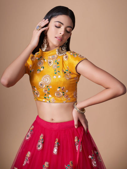 Odette Pink Soft Net Embroidered Semi Stitched Lehenga With Blouse For Women