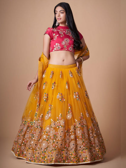 Odette Yellow Soft Net Embroidered Semi Stitched Lehenga With Blouse For Women