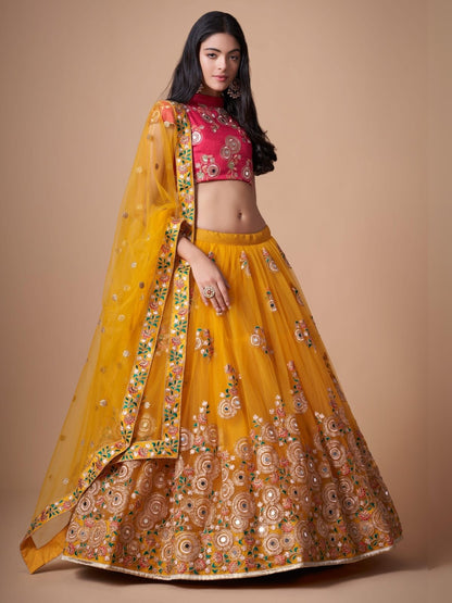 Odette Yellow Soft Net Embroidered Semi Stitched Lehenga With Blouse For Women