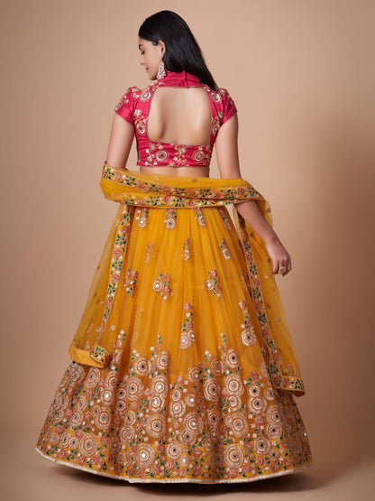 Odette Yellow Soft Net Embroidered Semi Stitched Lehenga With Blouse For Women
