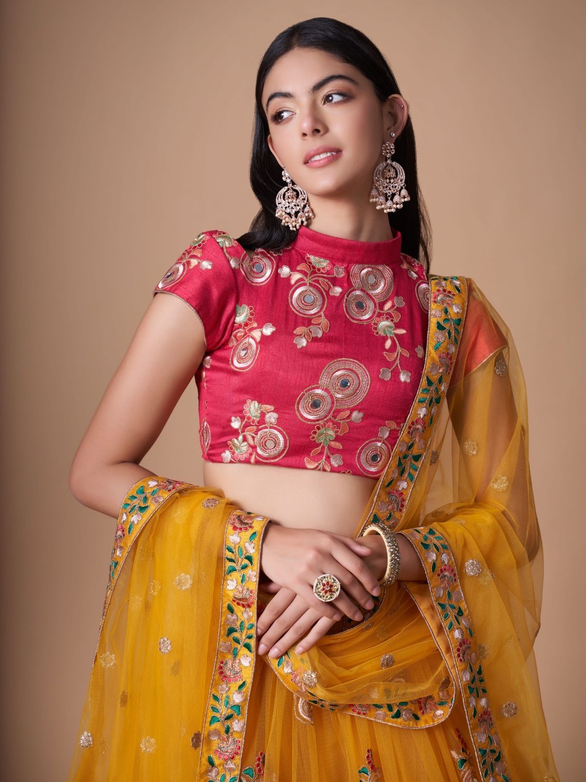 Odette Yellow Soft Net Embroidered Semi Stitched Lehenga With Blouse For Women