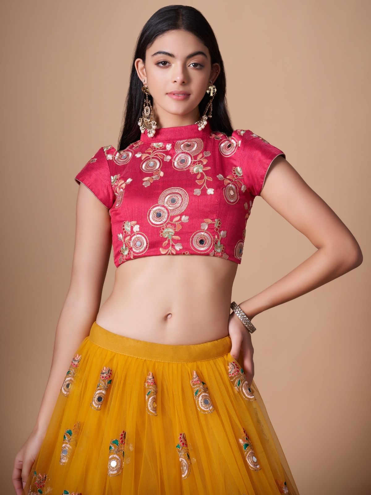 Odette Yellow Soft Net Embroidered Semi Stitched Lehenga With Blouse For Women