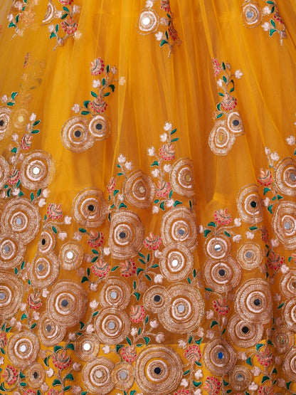 Odette Yellow Soft Net Embroidered Semi Stitched Lehenga With Blouse For Women