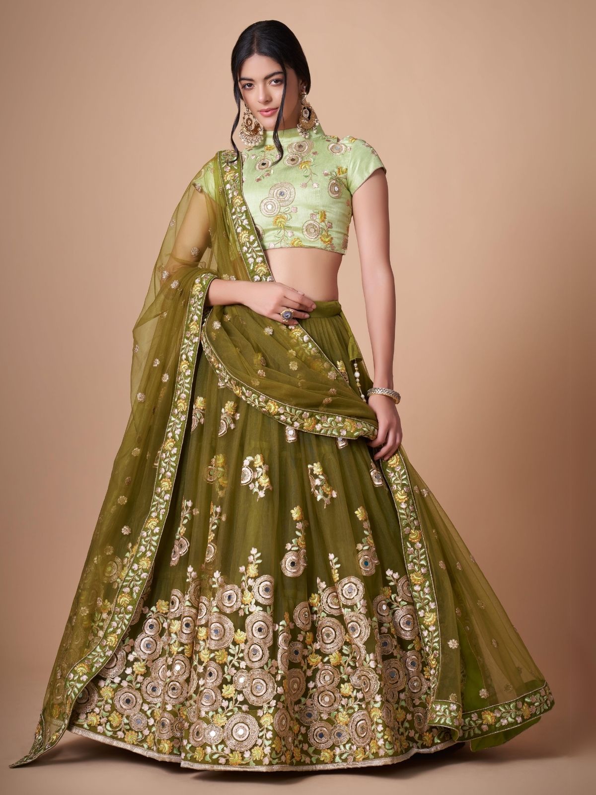 Odette Olive Soft Net Embroidered Semi Stitched Lehenga With Blouse For Women
