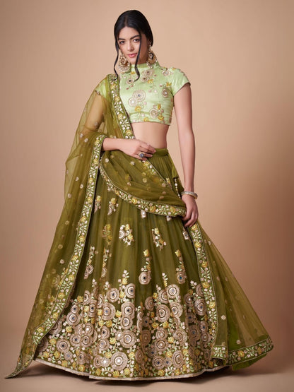 Odette Olive Soft Net Embroidered Semi Stitched Lehenga With Blouse For Women