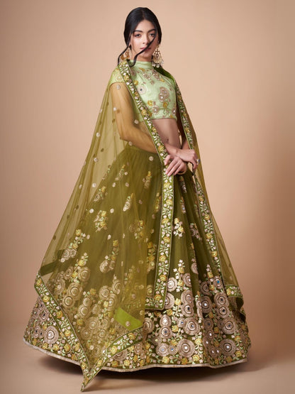 Odette Olive Soft Net Embroidered Semi Stitched Lehenga With Blouse For Women