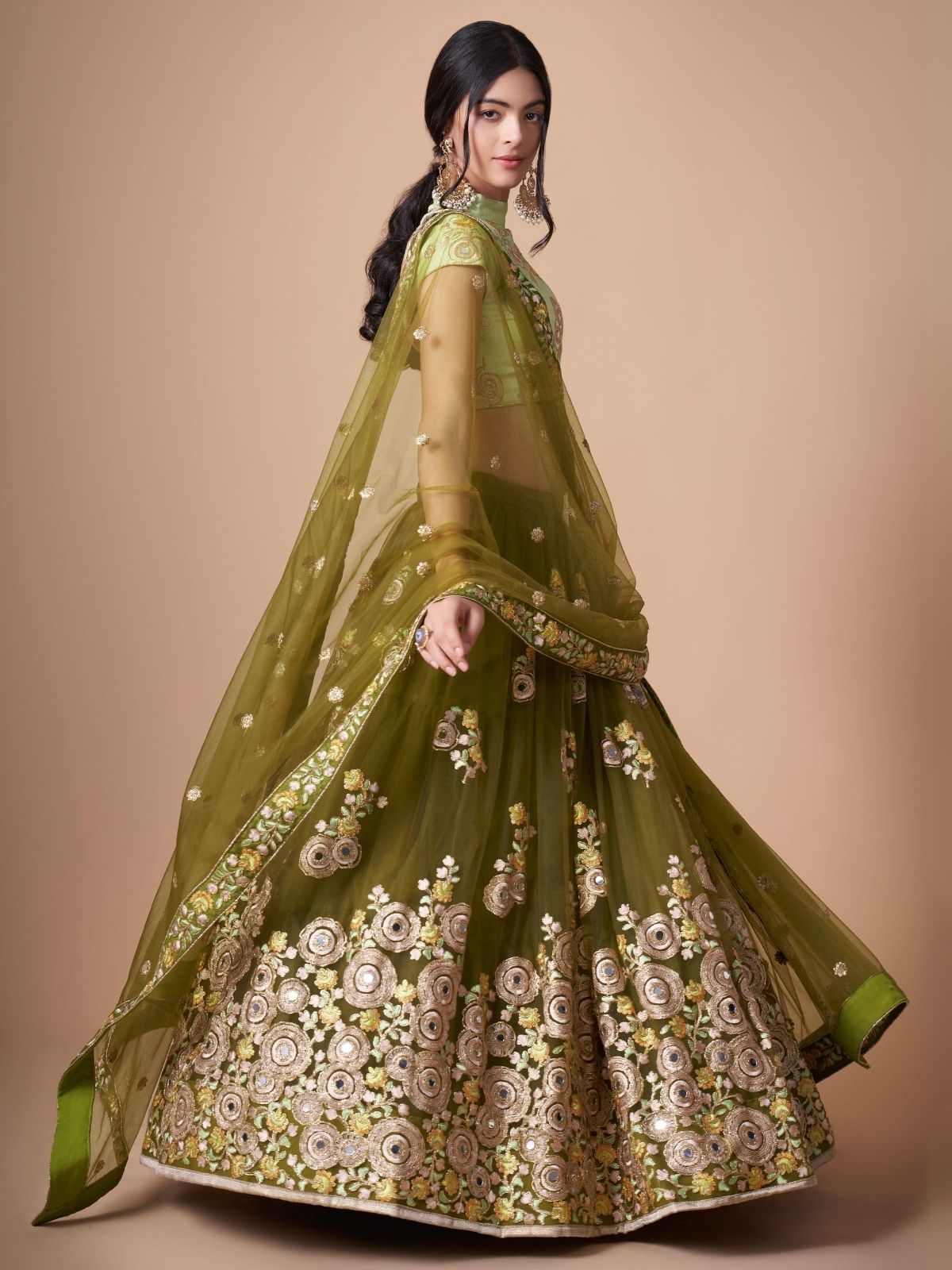 Odette Olive Soft Net Embroidered Semi Stitched Lehenga With Blouse For Women
