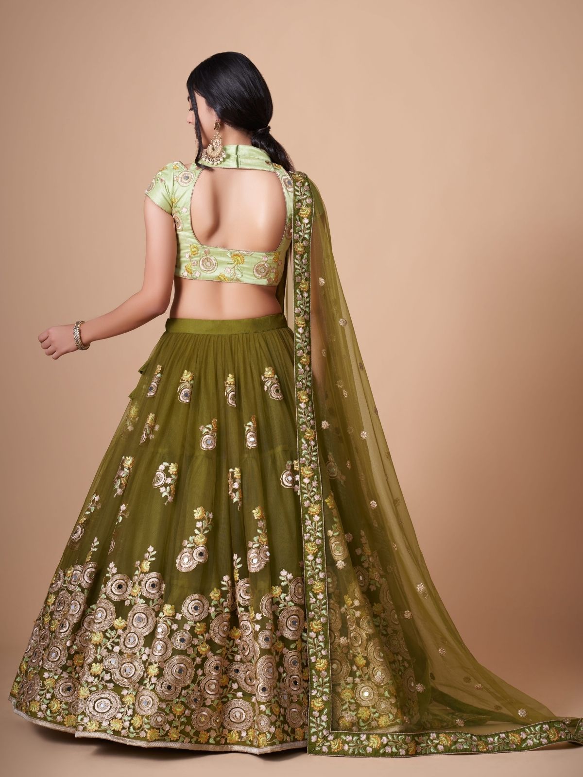 Odette Olive Soft Net Embroidered Semi Stitched Lehenga With Blouse For Women