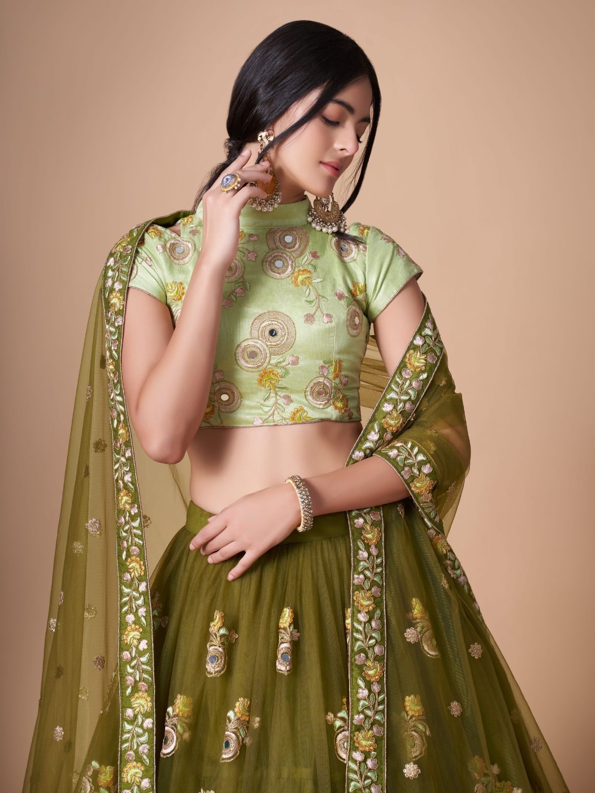 Odette Olive Soft Net Embroidered Semi Stitched Lehenga With Blouse For Women