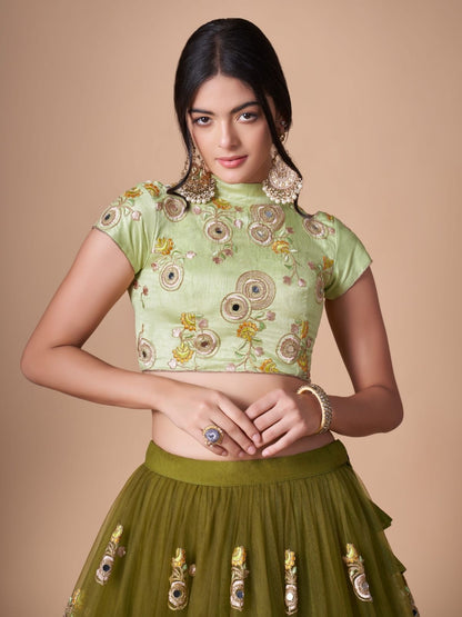 Odette Olive Soft Net Embroidered Semi Stitched Lehenga With Blouse For Women