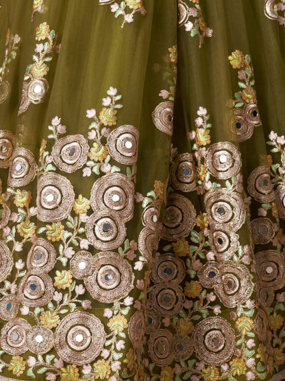 Odette Olive Soft Net Embroidered Semi Stitched Lehenga With Blouse For Women